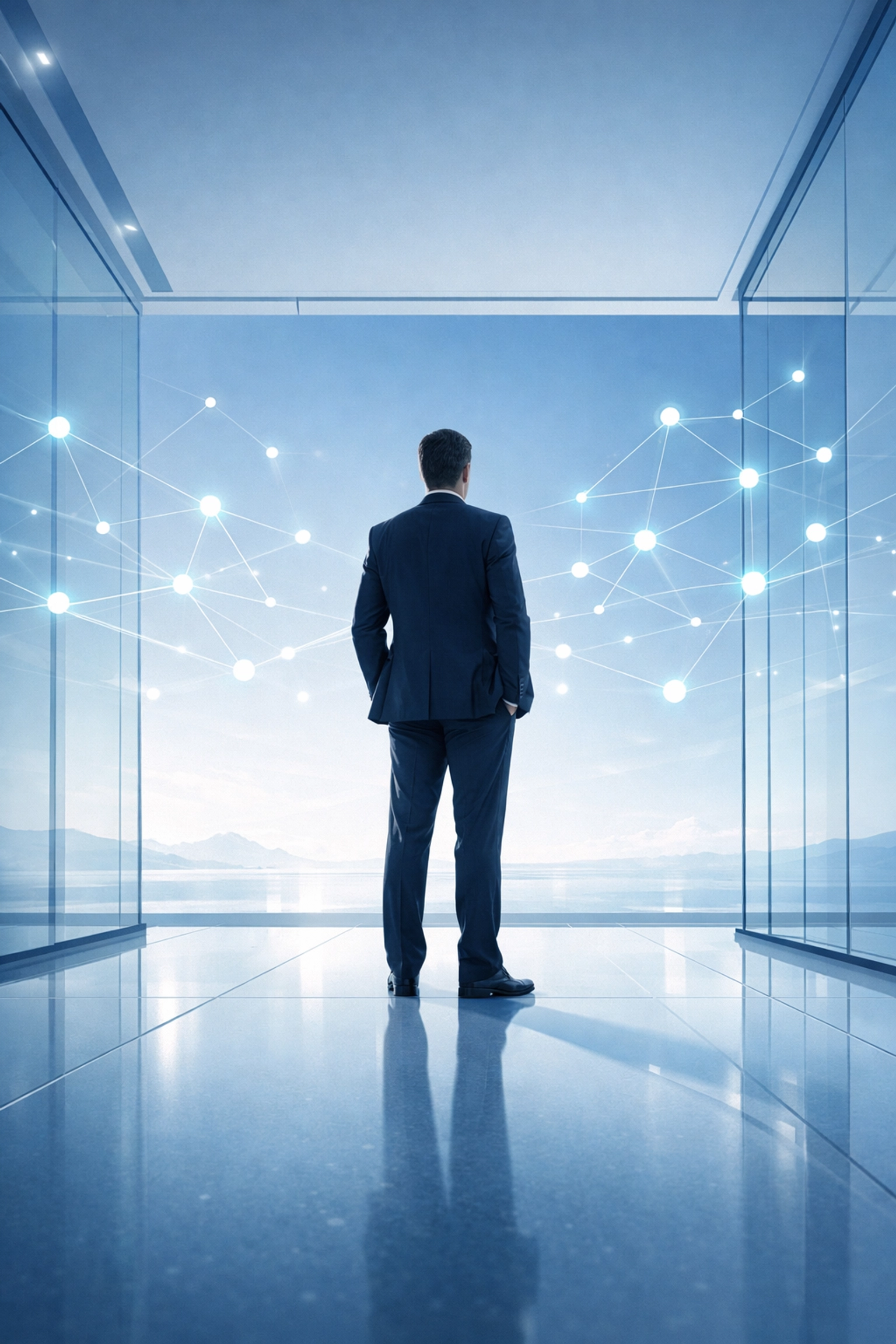 Business leader in a tech-focused office visualizing strategic growth and AI-driven leadership freedom.