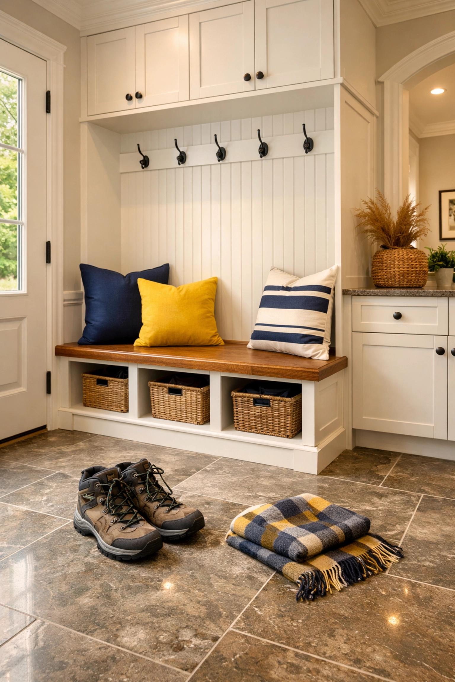 Clean mudroom in Boxford home illustrating customized residential cleaning for local North Shore residences.