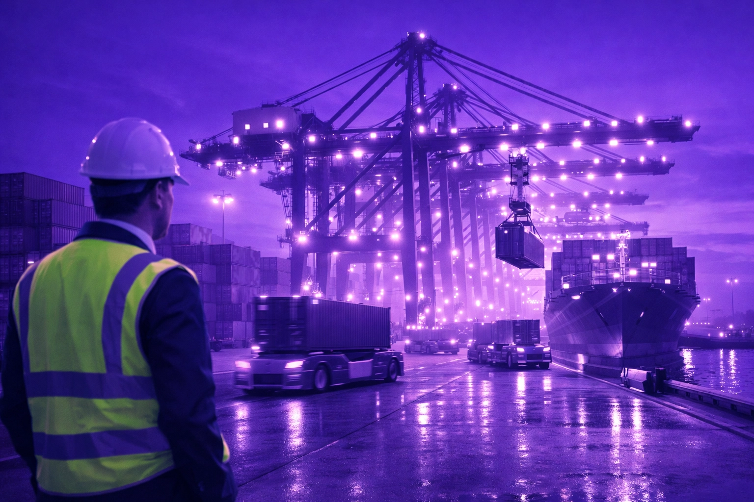 UK logistics hub manager overseeing AI business automation in an autonomous supply chain at twilight.