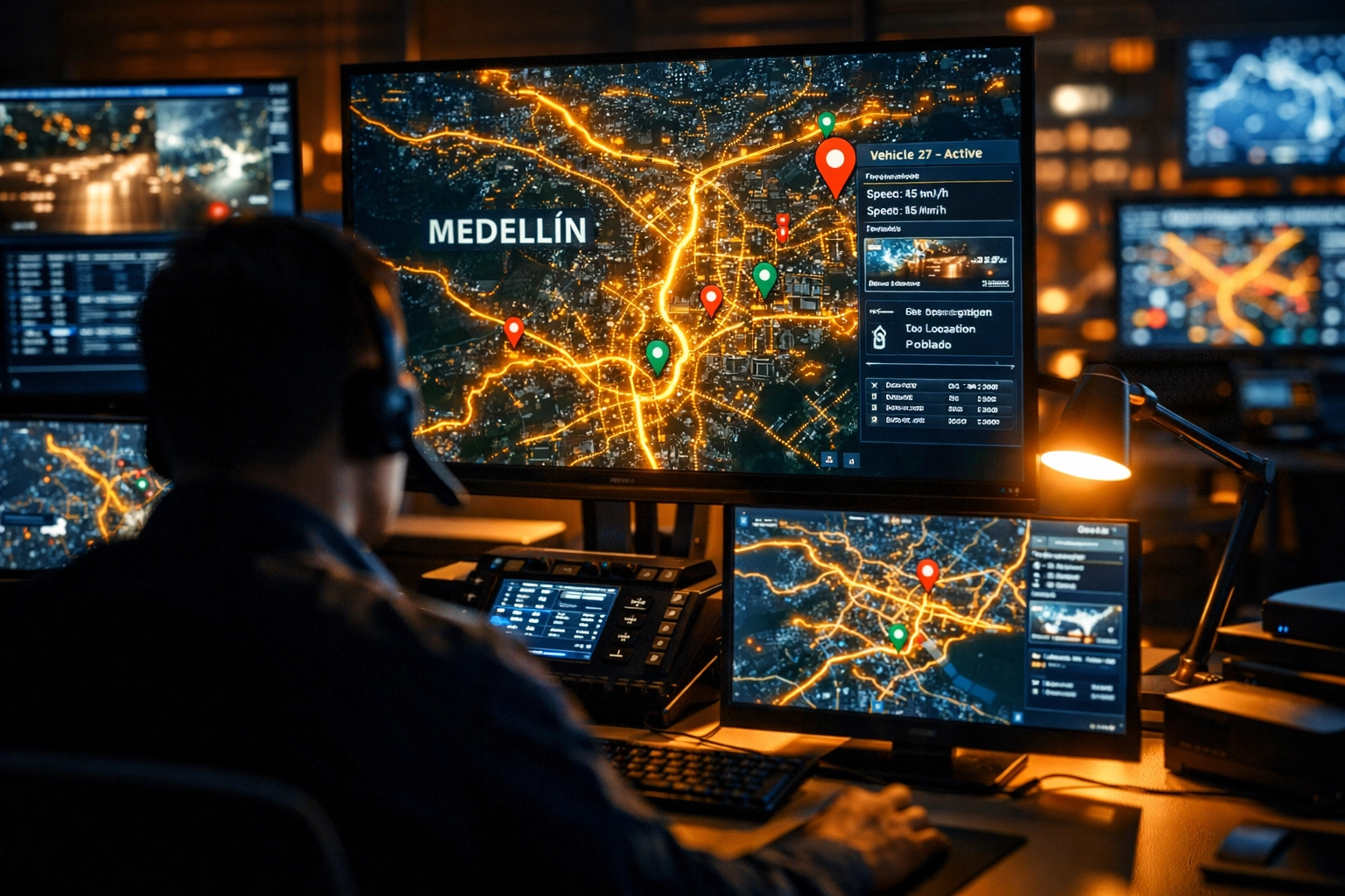 911 Medellin security operations center monitoring live GPS tracking across the city
