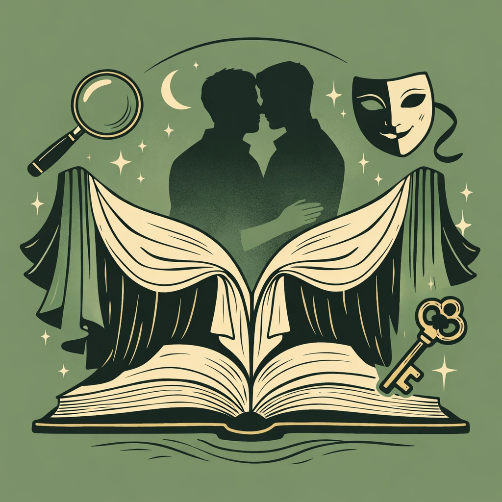 Literary MM romance book with mystery and theatrical elements illustration