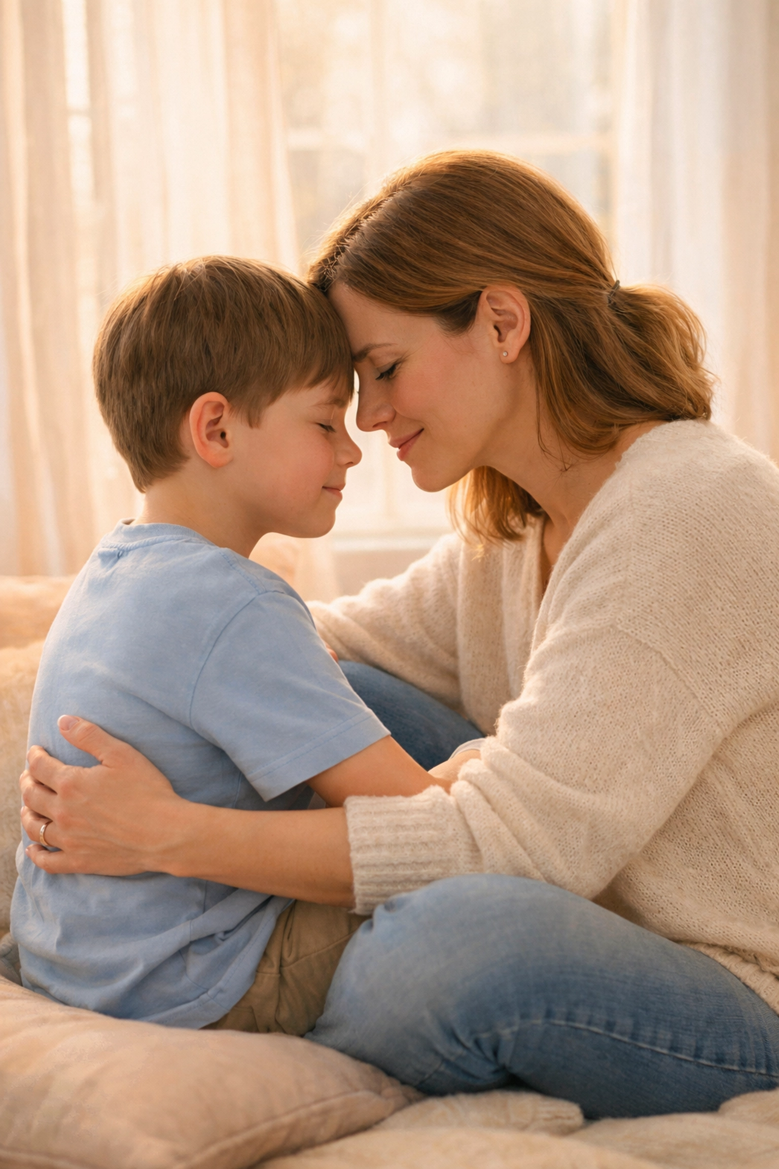 Madre abrazando a su hijo en momento de reparación y conexión emocional