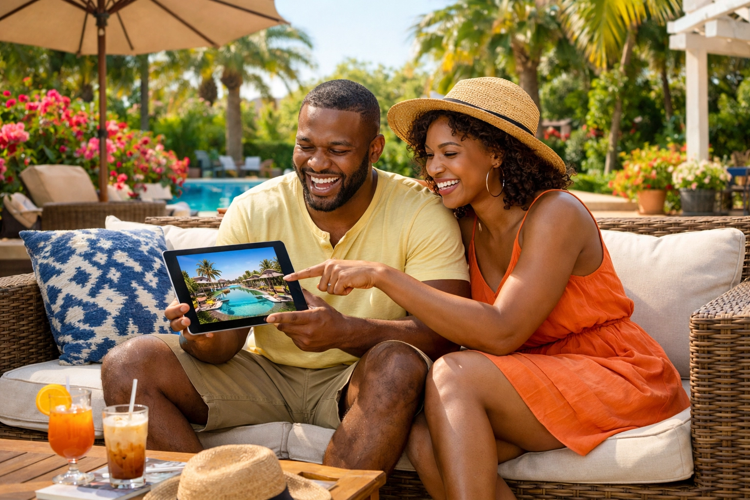 Couple reviewing luxury resort options curated by their travel planning service.