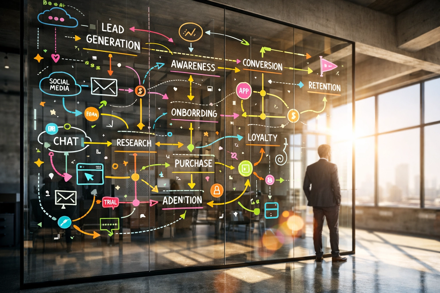 A detailed customer journey map and marketing strategy diagrammed on an office glass partition.