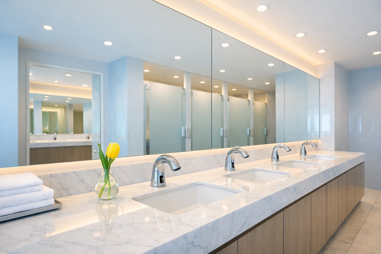 A spotless, high-end office restroom sanitized by a professional office cleaning Bedford team.