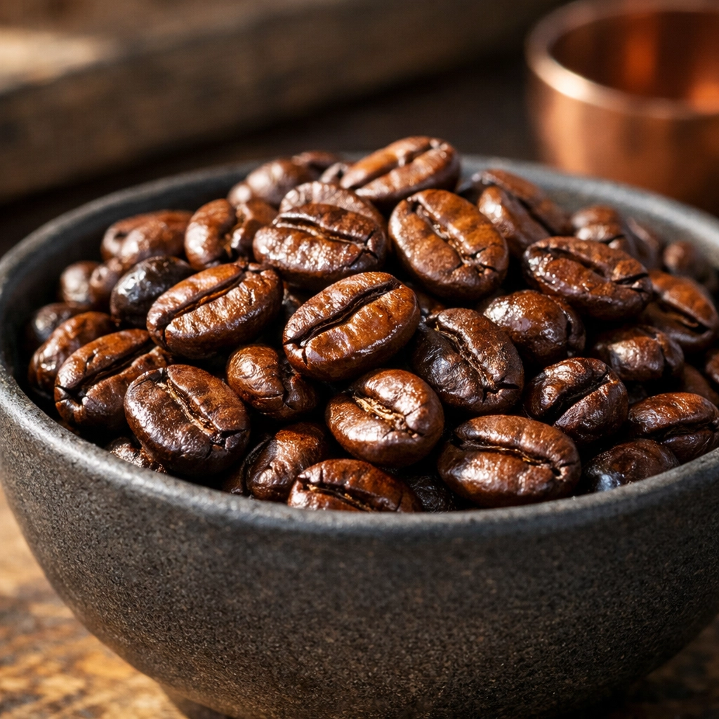 Close-up of freshly roasted medium-dark coffee beans showing a natural oily sheen in a ceramic bowl.