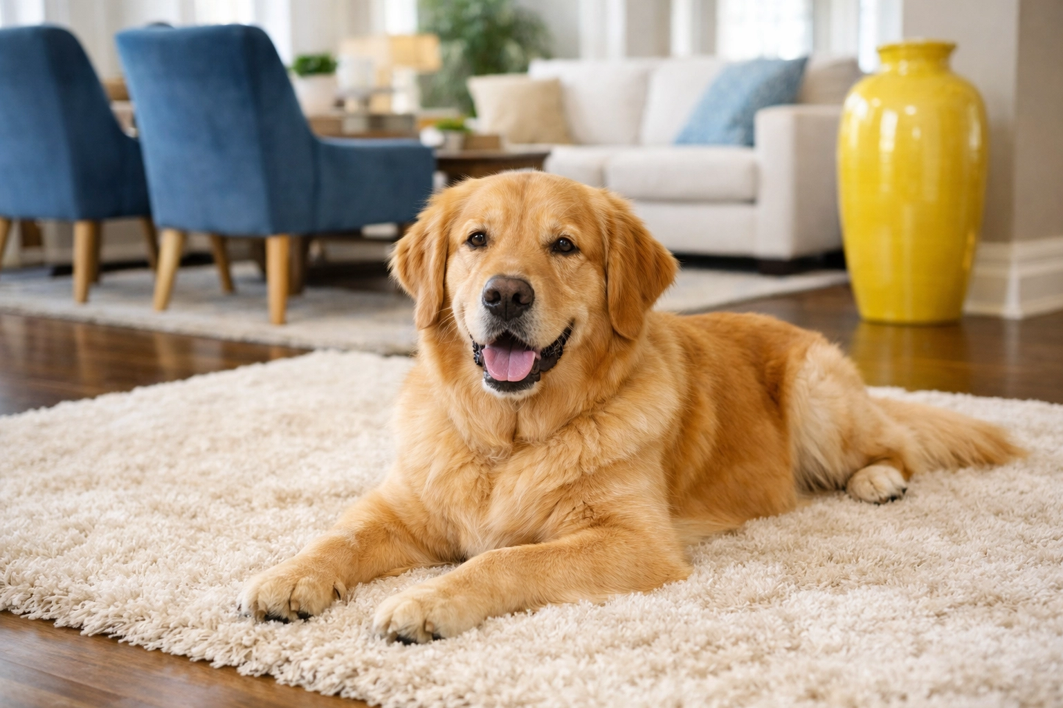 Happy dog on a clean rug, showing the pet-safe results of eco-friendly residential cleaning Massachusetts in Dover.