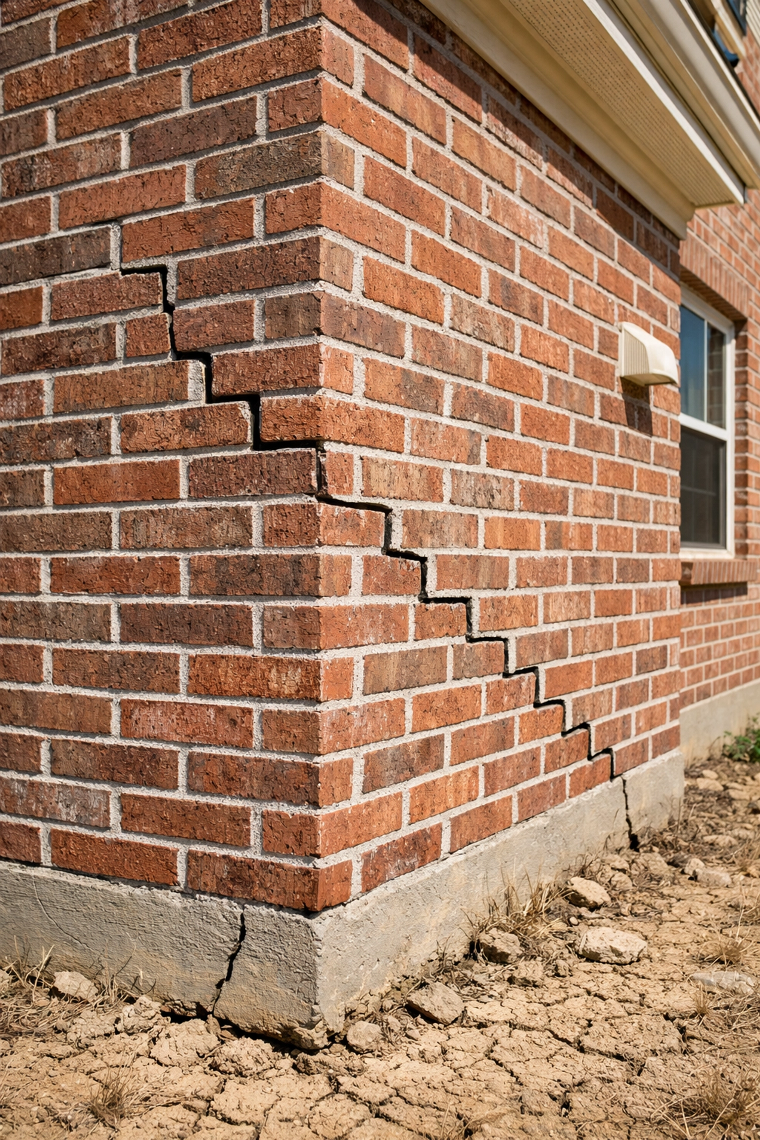 Close-up of a stair-step foundation crack in a San Antonio house, part of the Texas home buying process.