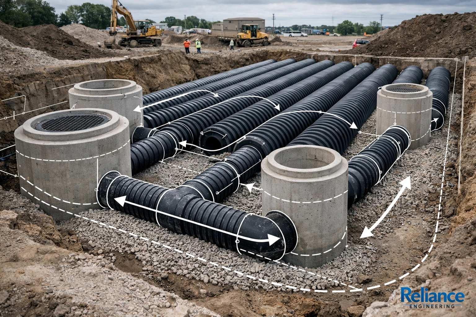 Ontario construction site installing an underground stormwater management system for TRCA permit compliance.