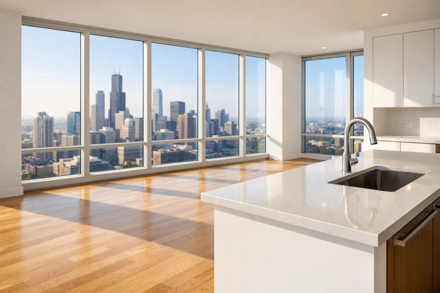 Clean rent-ready apartment in Chicago with polished floors and a city view.