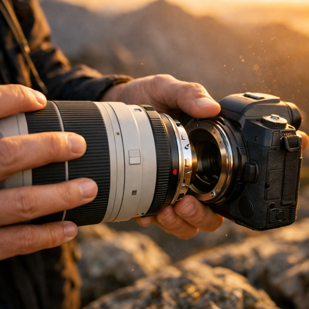 Professional photographer mounting a telephoto lens on a mirrorless camera during a golden hour shoot.