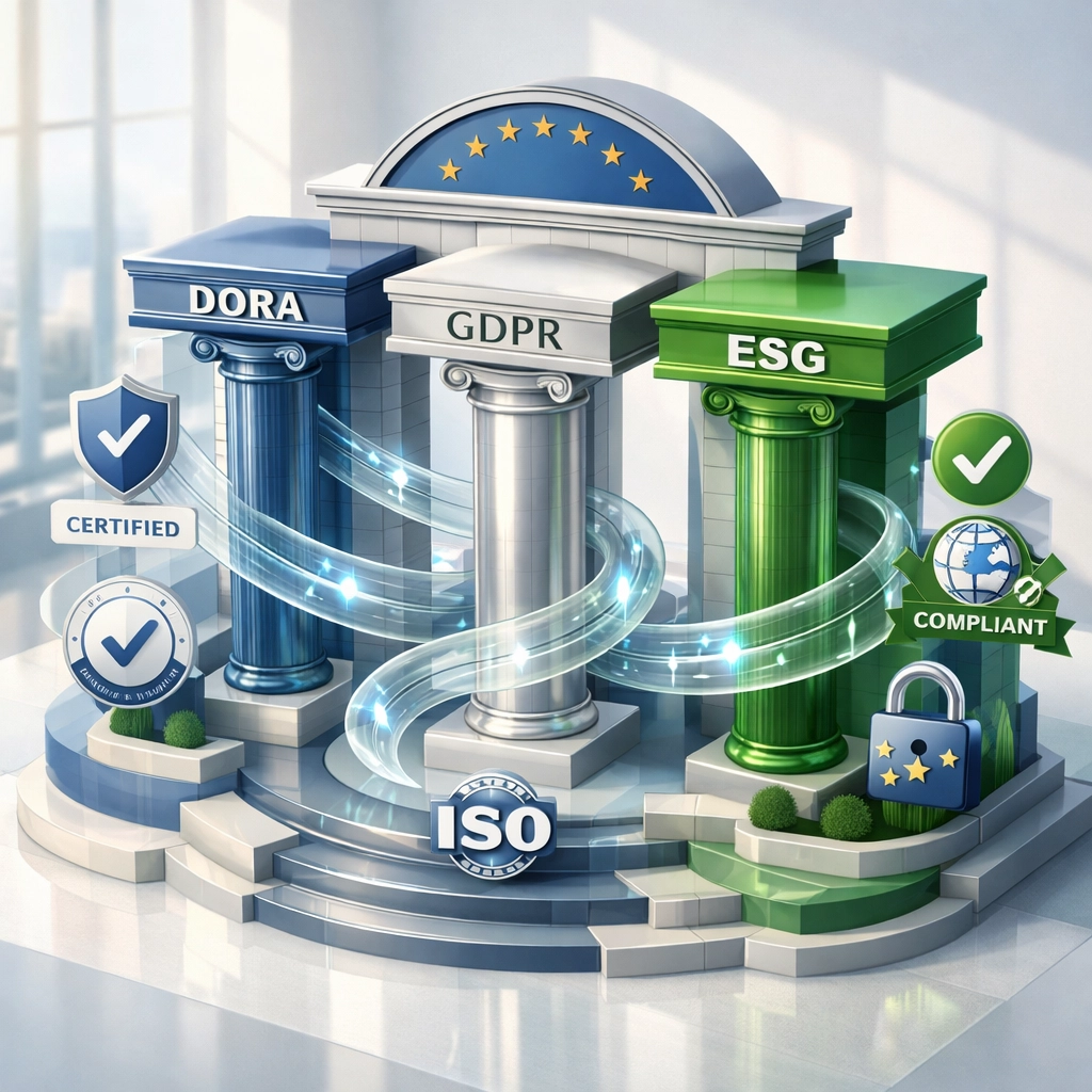 EU compliance framework showing DORA GDPR and ESG integration in ServiceNow ITAM deployment