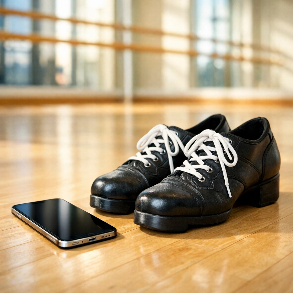 Smartphone on a dance floor with Irish dance heavy shoes, perfect for booking your first class online.