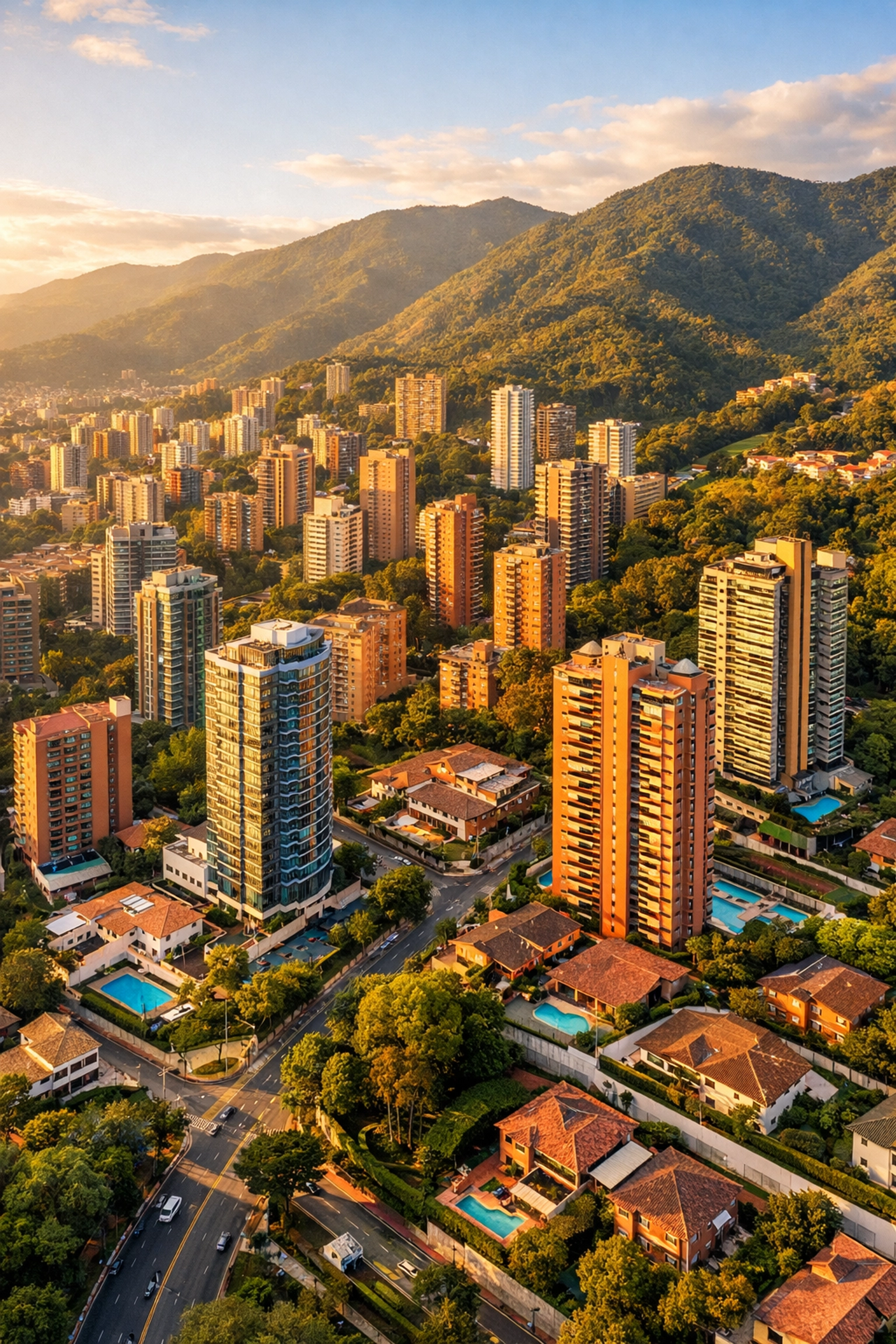Aerial view of El Poblado Medellin luxury apartments and gated communities with mountain backdrop