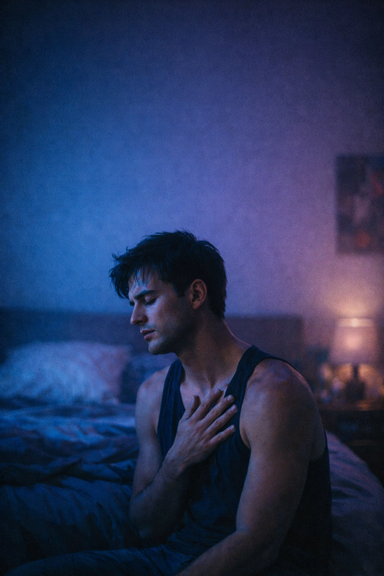 Young gay man experiencing vulnerability and intimacy fears, hand pressed to chest in contemplation