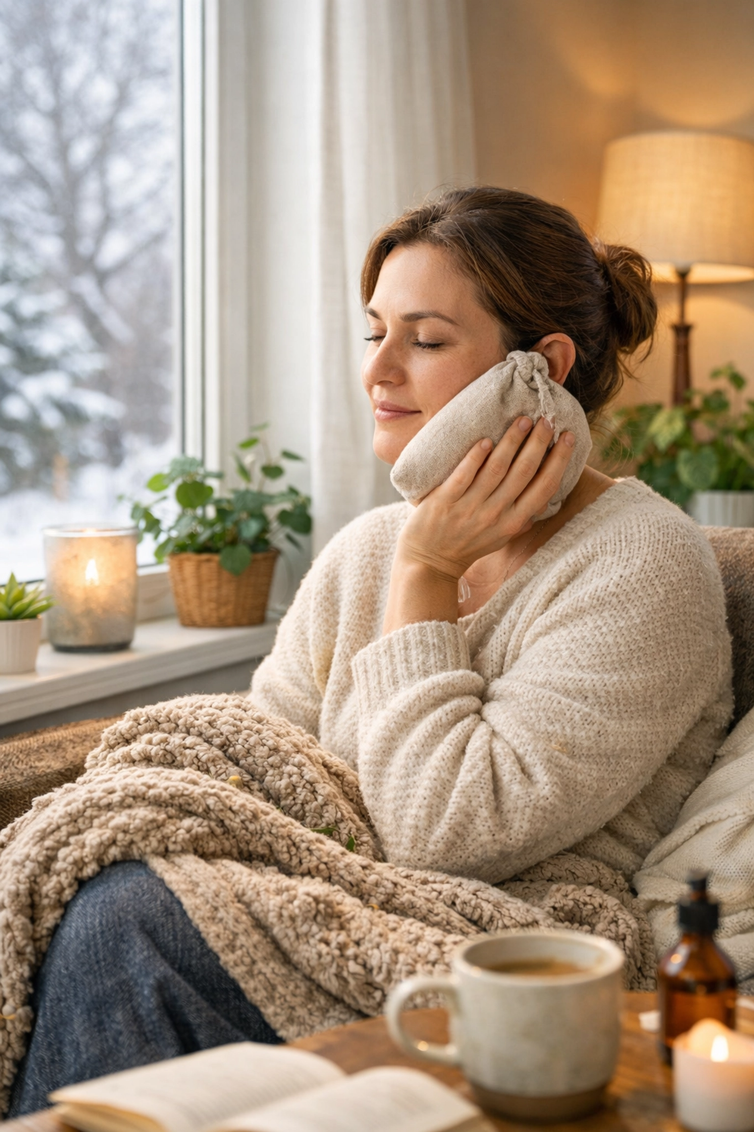 Using a warm compress for at-home jaw tension relief and self-care in Edmonton.