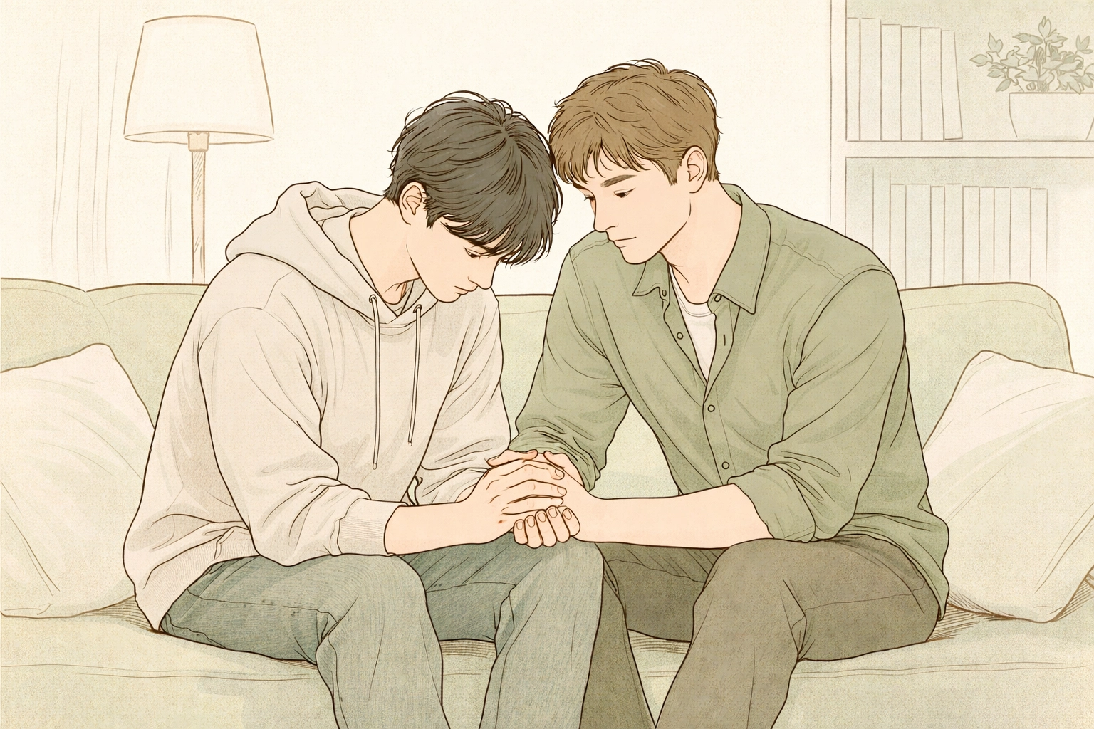 Two men sharing a tender moment on a couch, depicting the hurt/comfort dynamic in MM romance