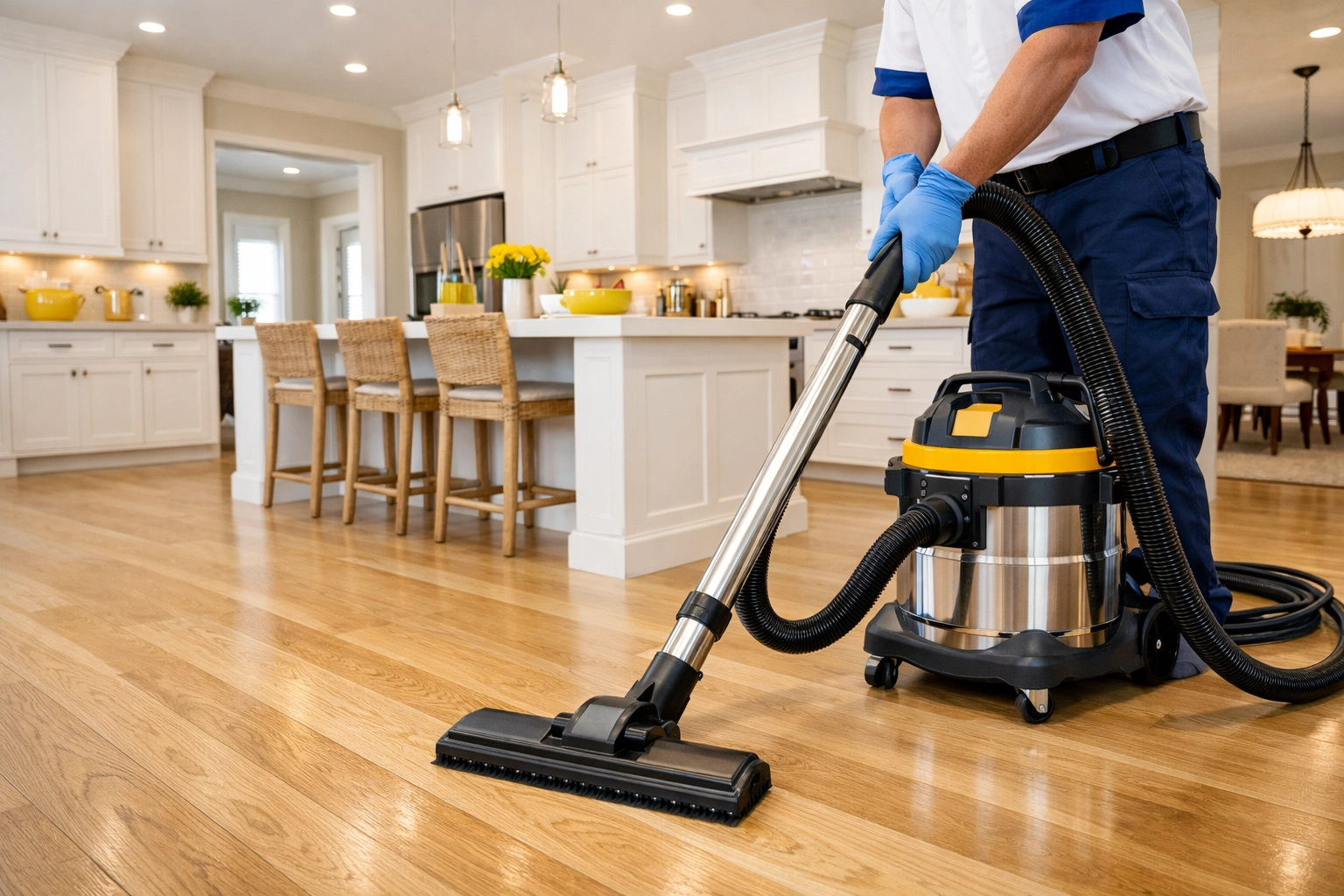 High-end house cleaning service using a professional vacuum on new hardwood floors in Boxborough.