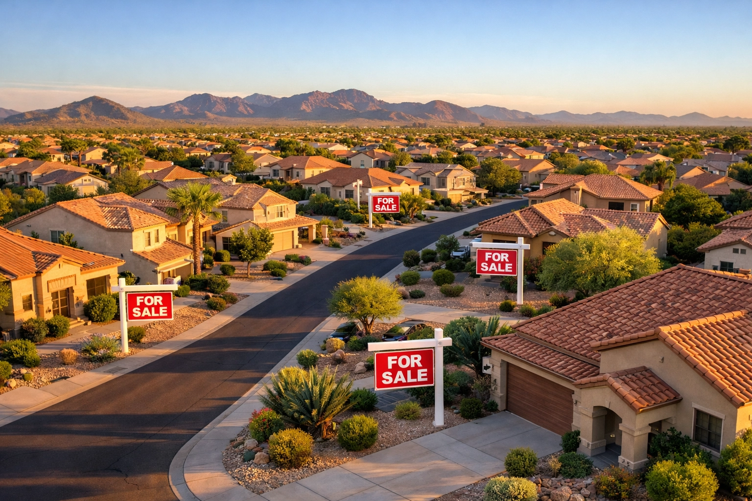 Aerial view of Phoenix neighborhood homes with for sale signs in balanced real estate market
