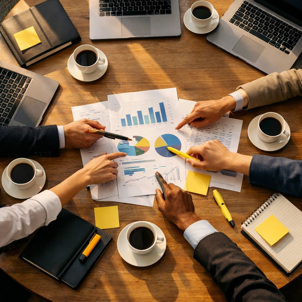 MSP business owners collaborating around conference table sharing strategies and competitive intelligence