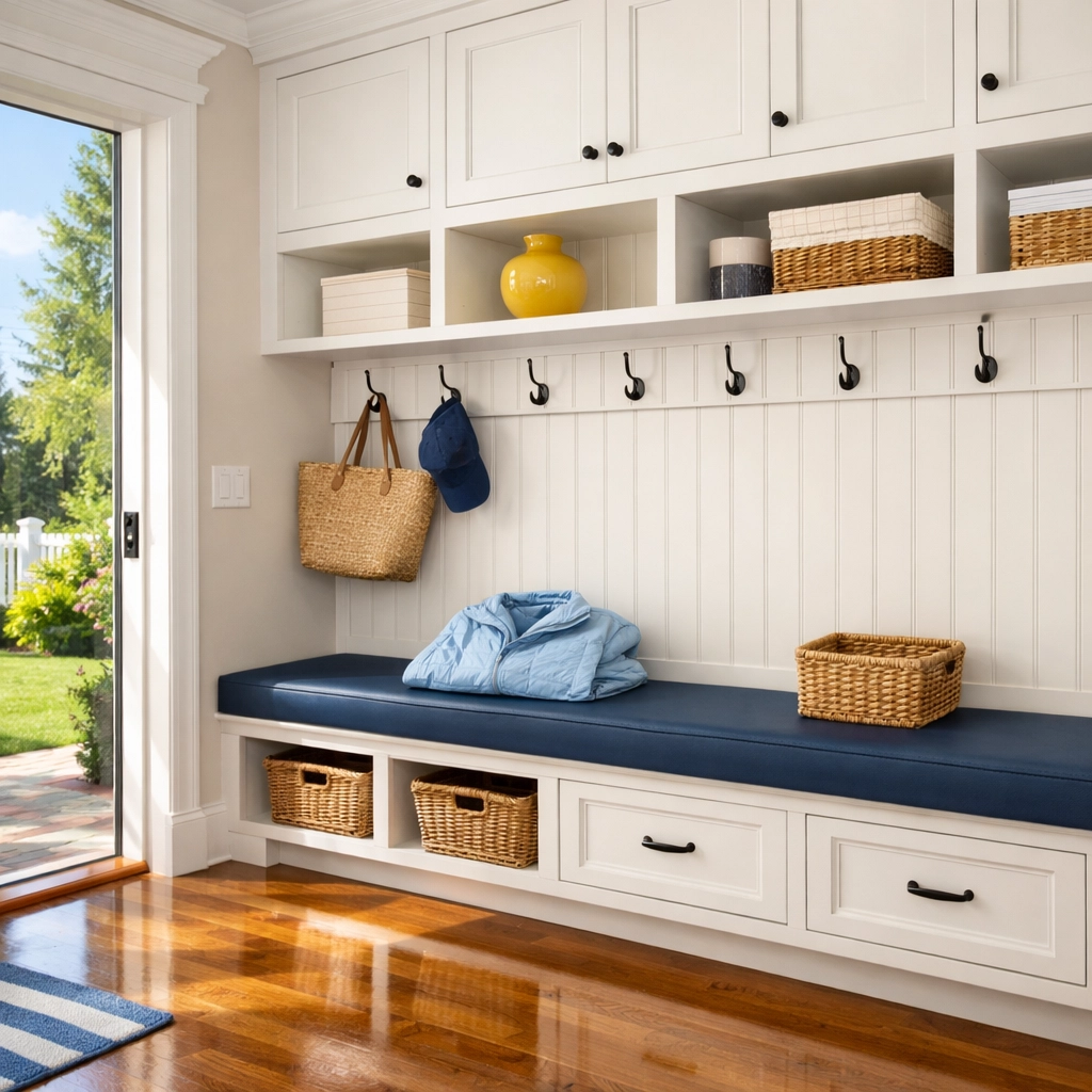 Polished hardwood floors in a Westford mudroom following a professional house cleaning Westford MA.