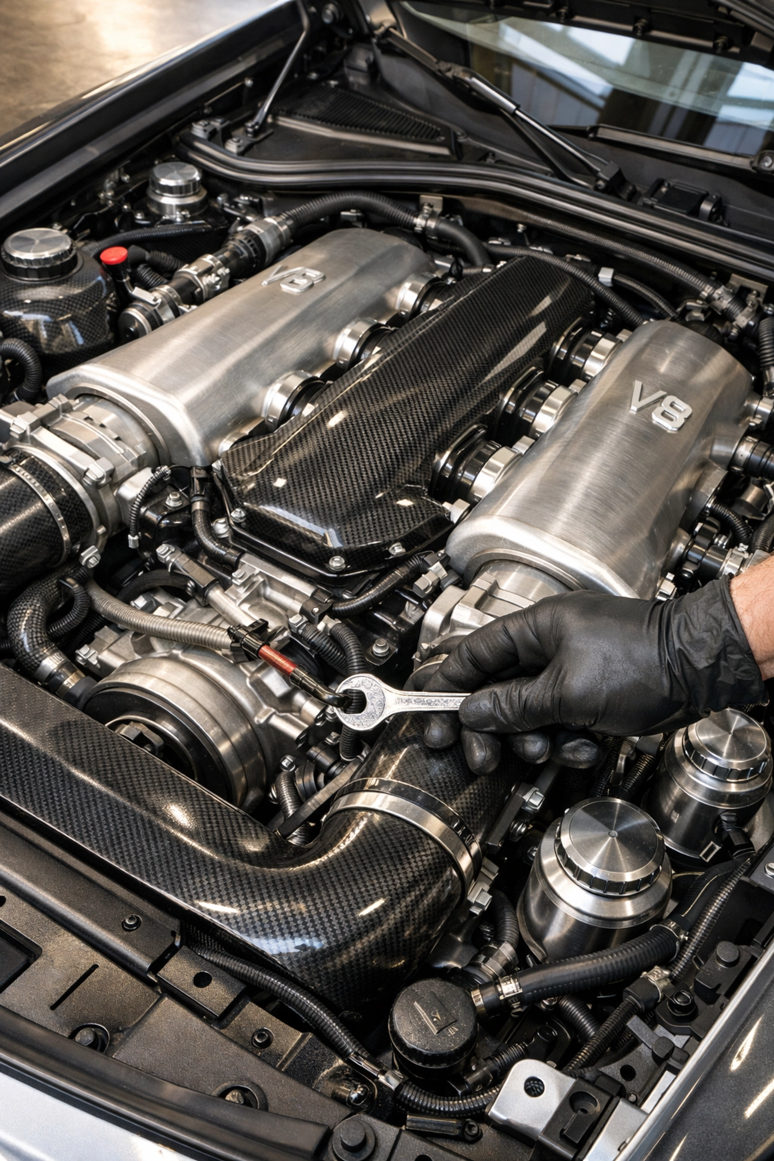 Professional mechanic performing European auto repair in Aventura FL on a luxury engine.