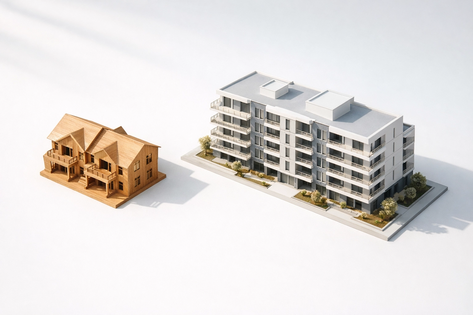 Minimalist architectural models of a duplex and apartment building showing portfolio scaling.