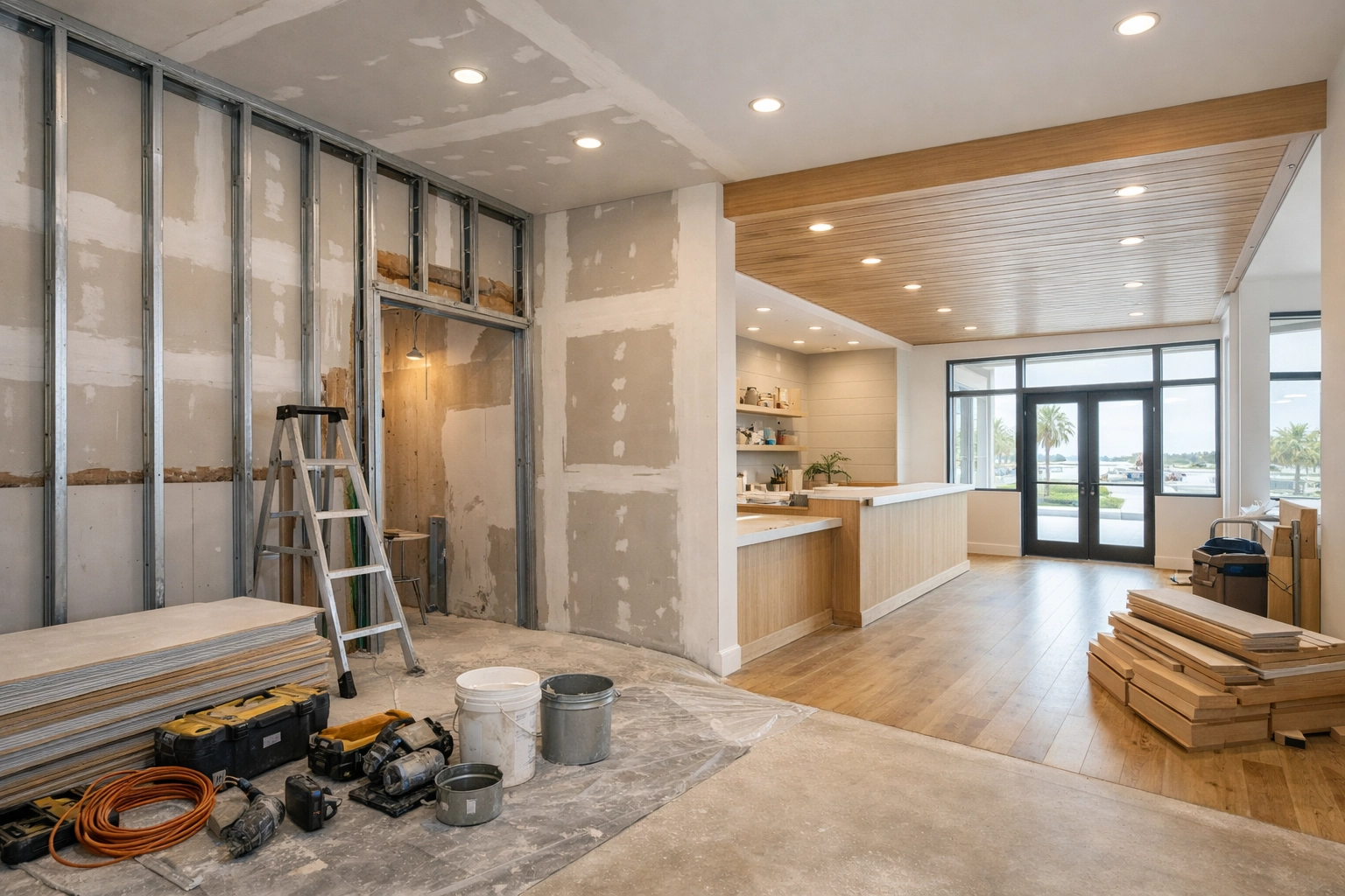 Commercial upfit renovation in progress showing construction phases in Pender County NC