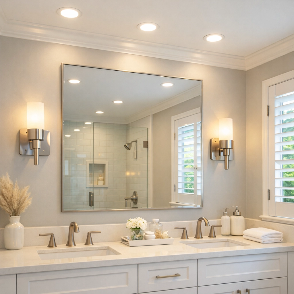 Bright remodeled Orlando bathroom featuring updated lighting and modern design