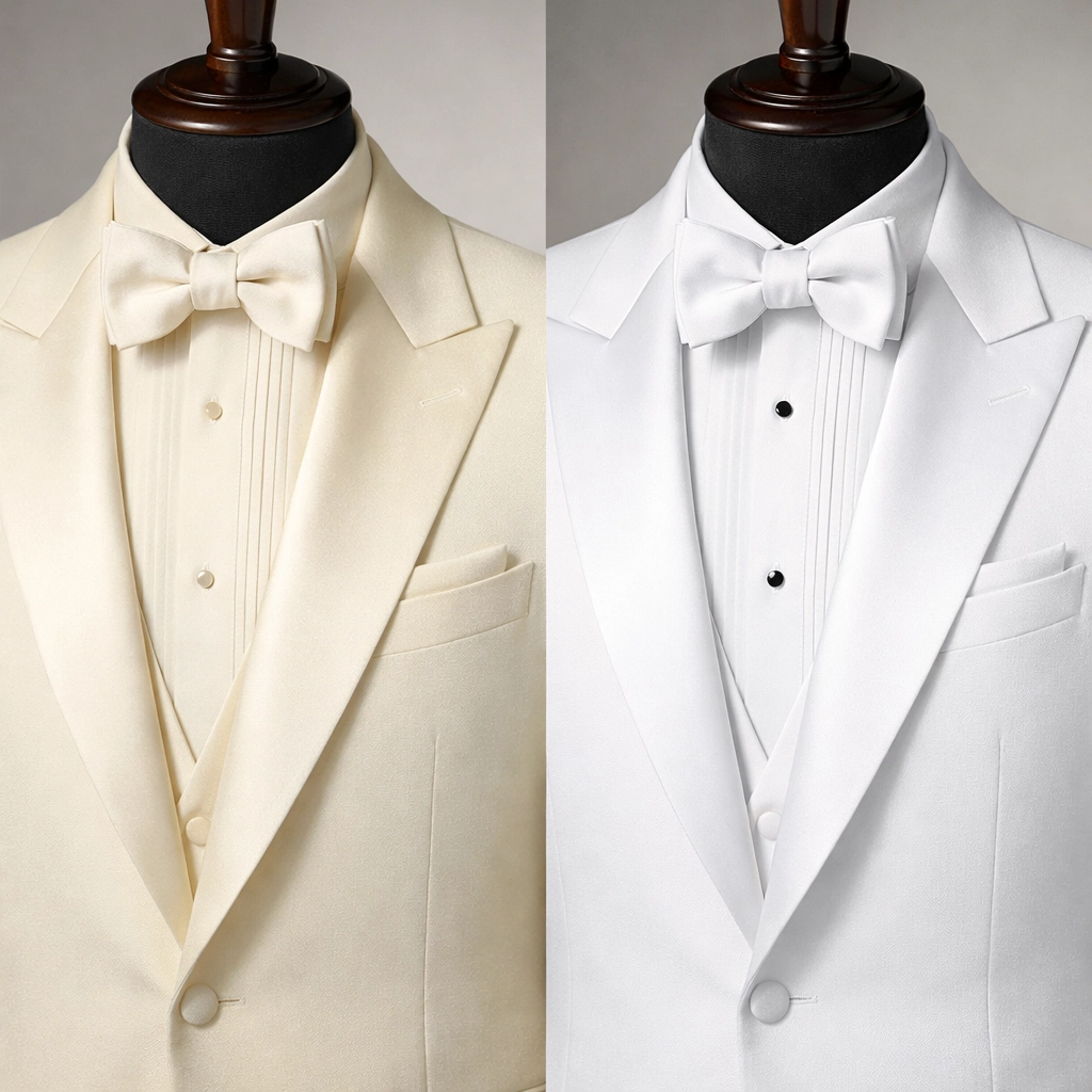 Two white tuxedo jackets showing ivory and bright white shades for proper color matching