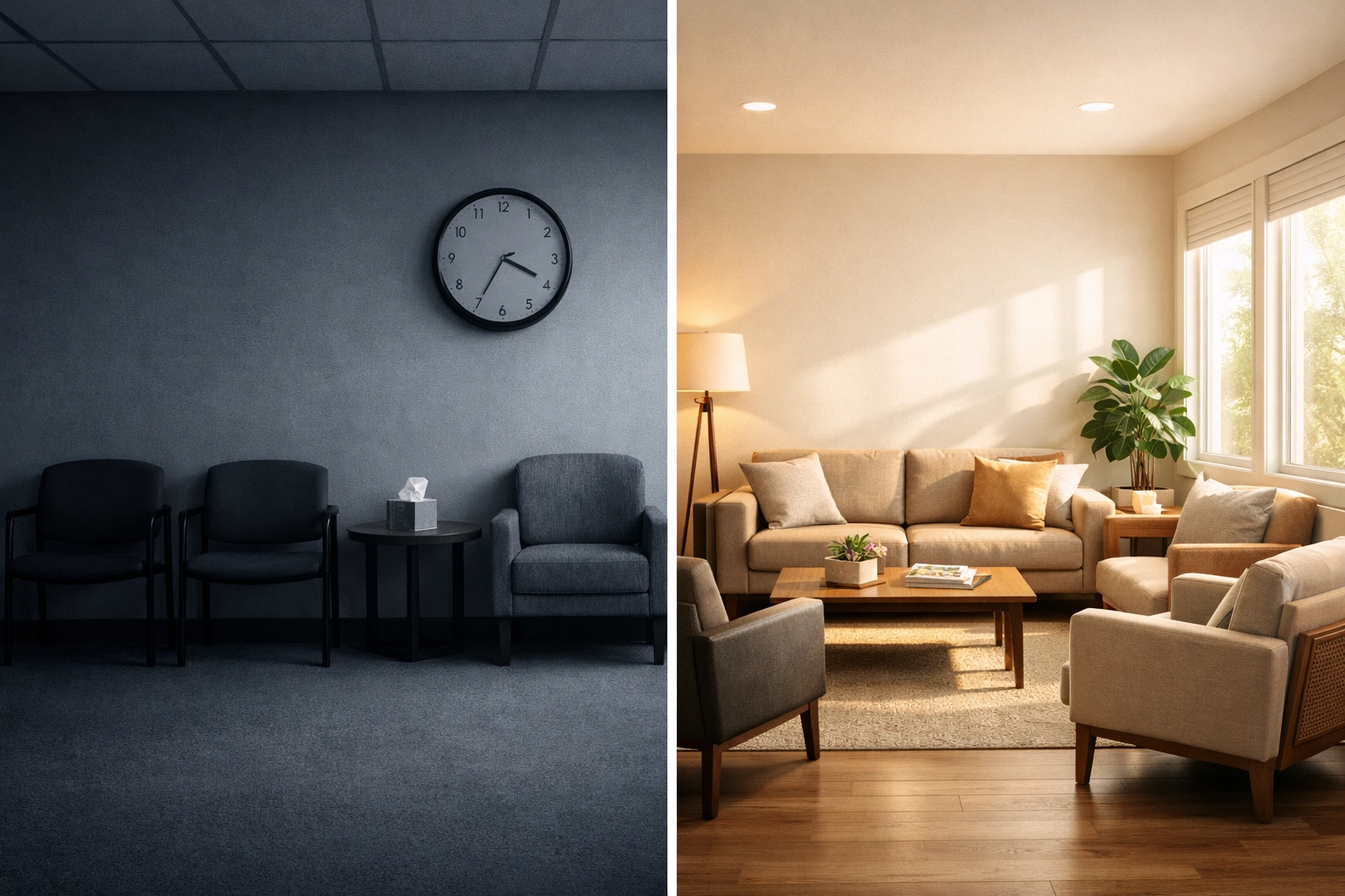 Treatment center waiting room comparison showing quality patient experience versus volume approach