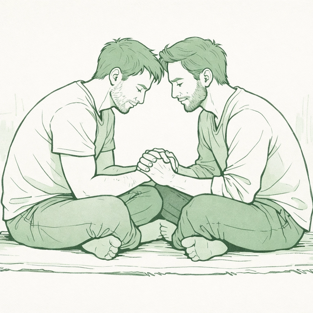 Illustration of a gay couple holding hands, symbolizing vulnerability and the emotional bond in their journey to authenticity.