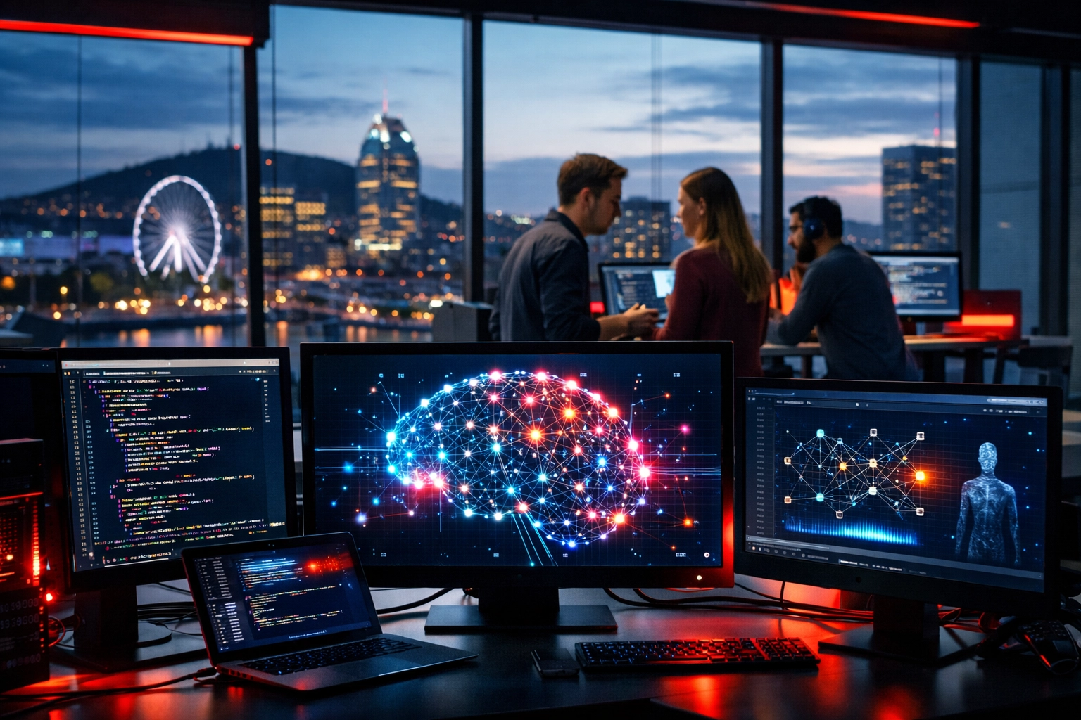 Montreal AI tech office workspace with developers working on artificial intelligence software