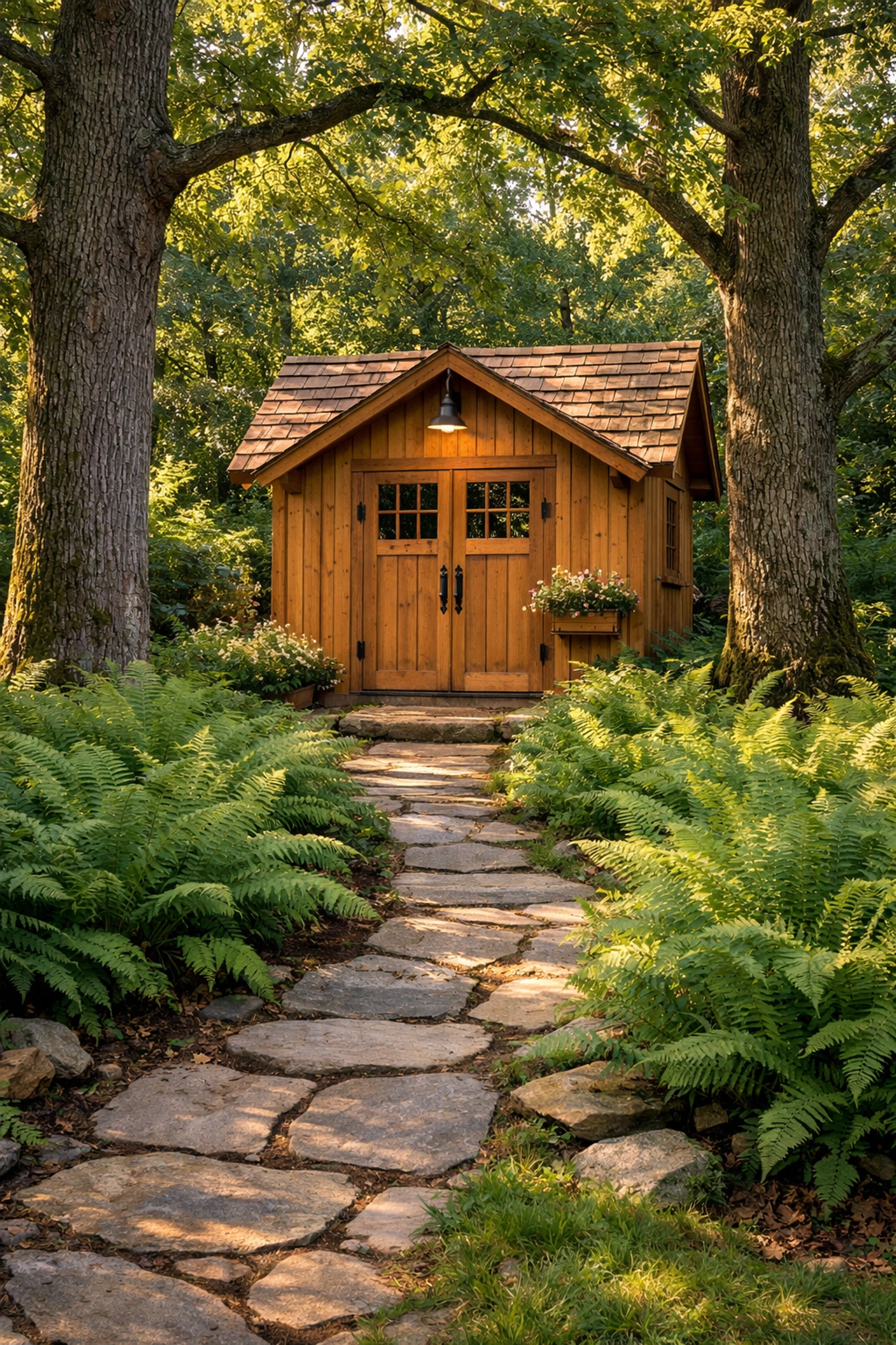 Custom wooden garden shed professionally assembled on-site at the end of a stone garden path.