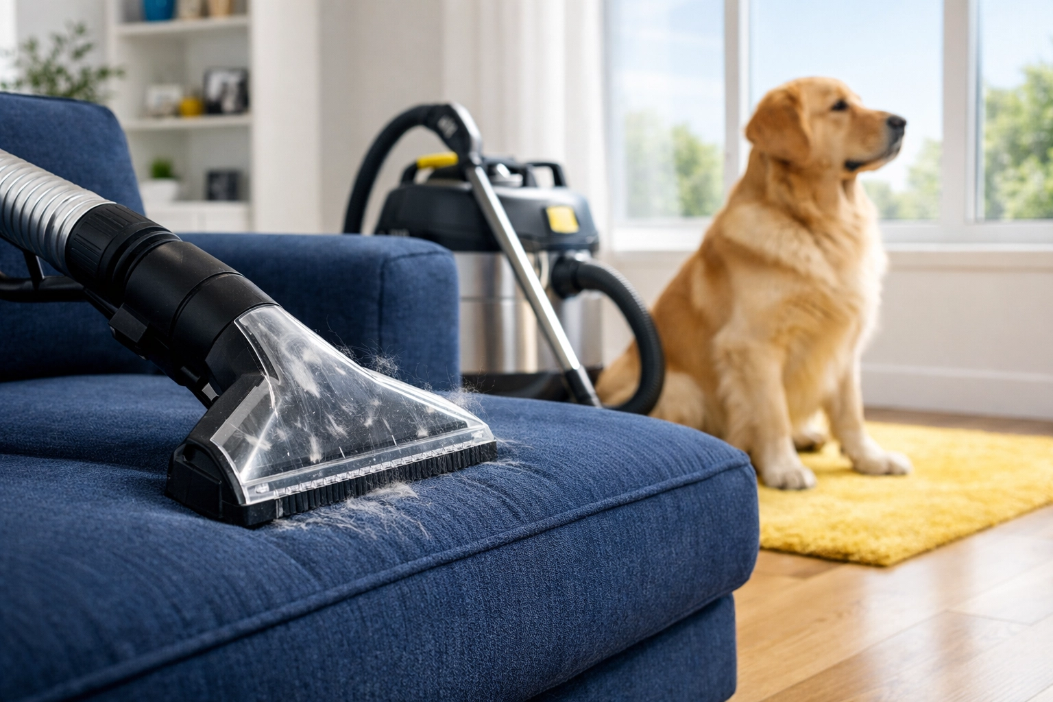 Professional vacuuming of a blue sofa to remove pet hair in a clean living room with a Golden Retriever.