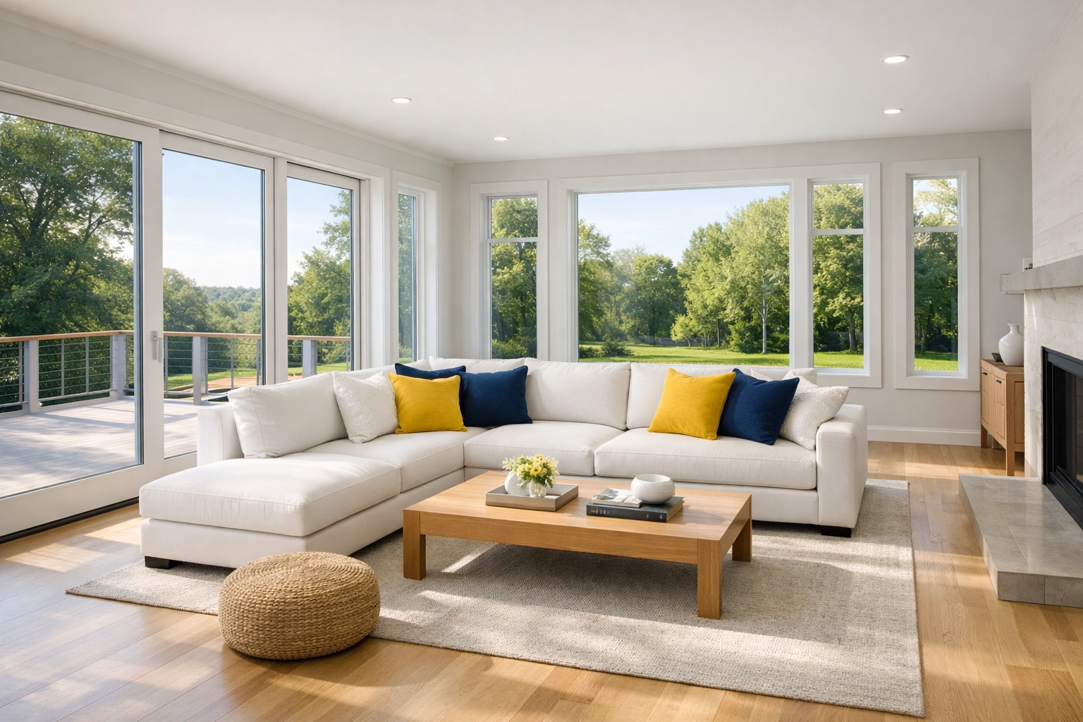 Sun-drenched living room with clean hardwood floors, showing the peace of mind from bi-weekly house cleaning in Maynard.