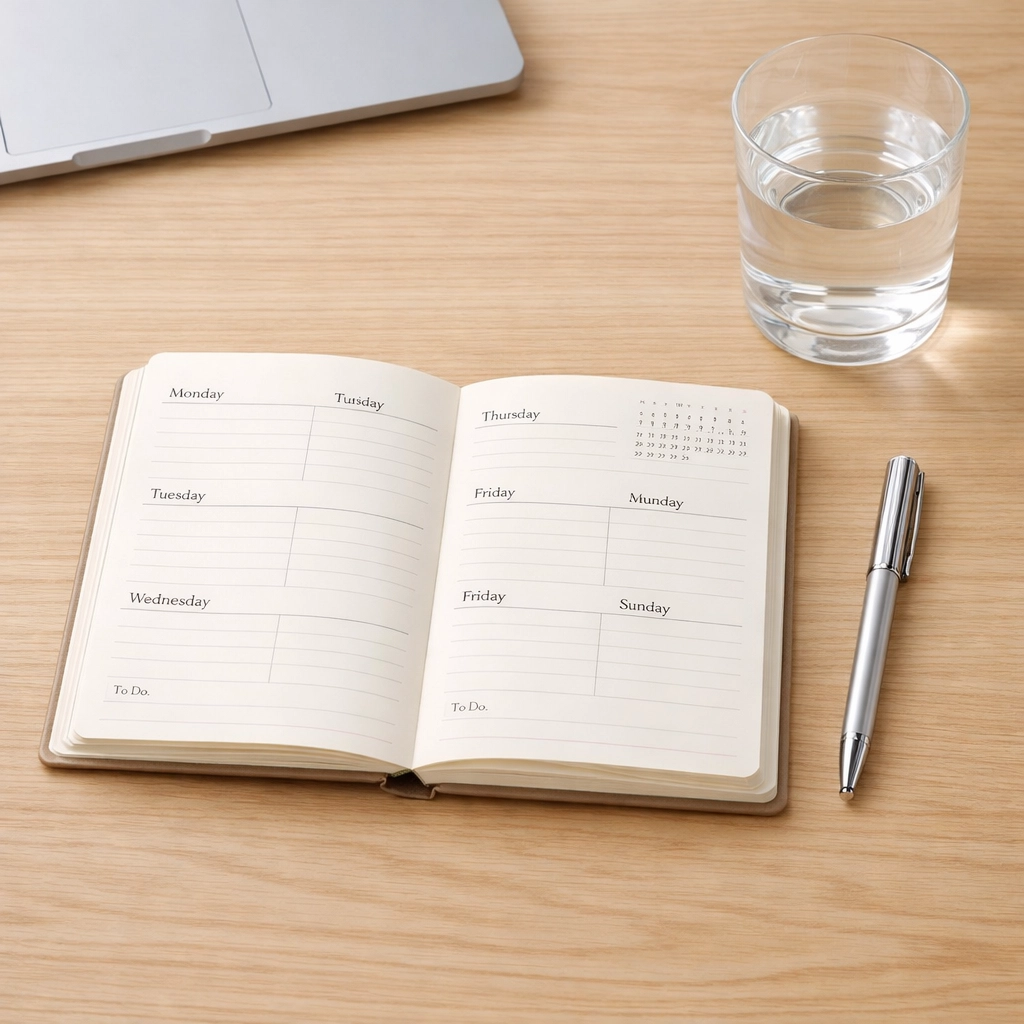 Minimalist desk with a planner for managing monthly installment loan Canada payments.