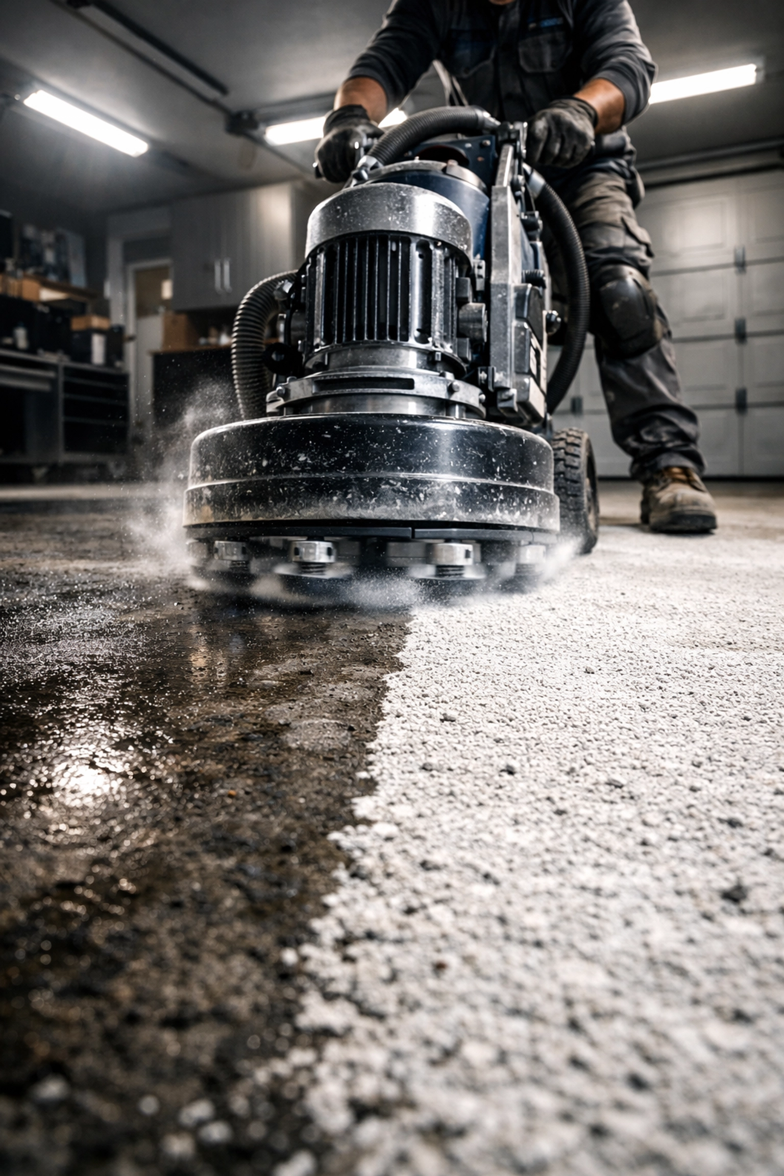 Concrete surface preparation using a diamond grinder for Madison MS floor coatings.
