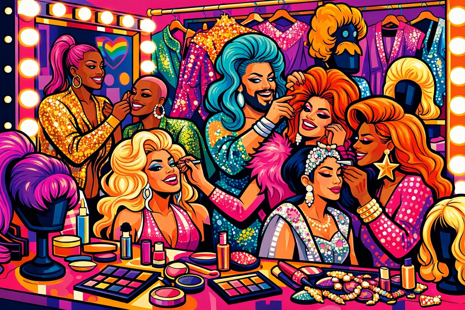 Drag performers preparing backstage together for Eurovision, applying makeup and styling costumes