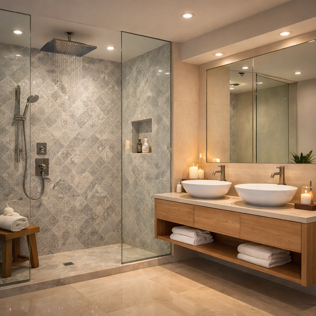 Luxury bathroom renovation Orlando showing a spa-inspired walk-in shower with marble mosaic tiles.