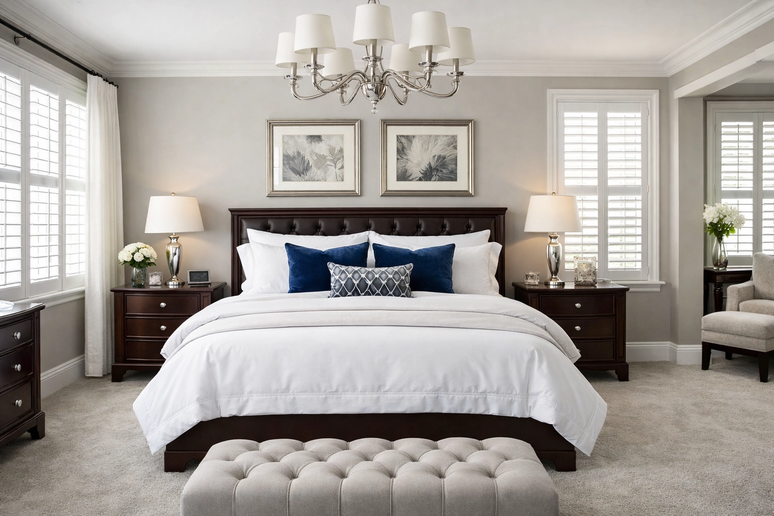 Spotless luxury bedroom in Duxbury Massachusetts after a professional deep cleaning service.