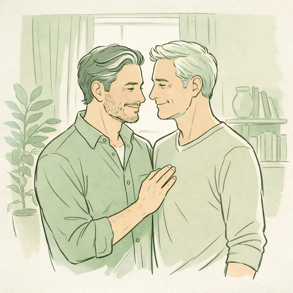 A mature MM couple shares a tender moment, reflecting the courage of late-bloomer gay romance and queer identity.