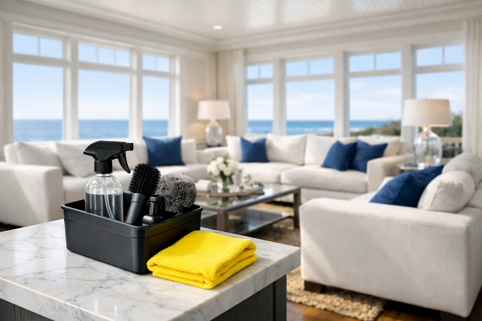 Pristine living room in Marblehead featuring luxury residential cleaning standards and coastal ocean views.