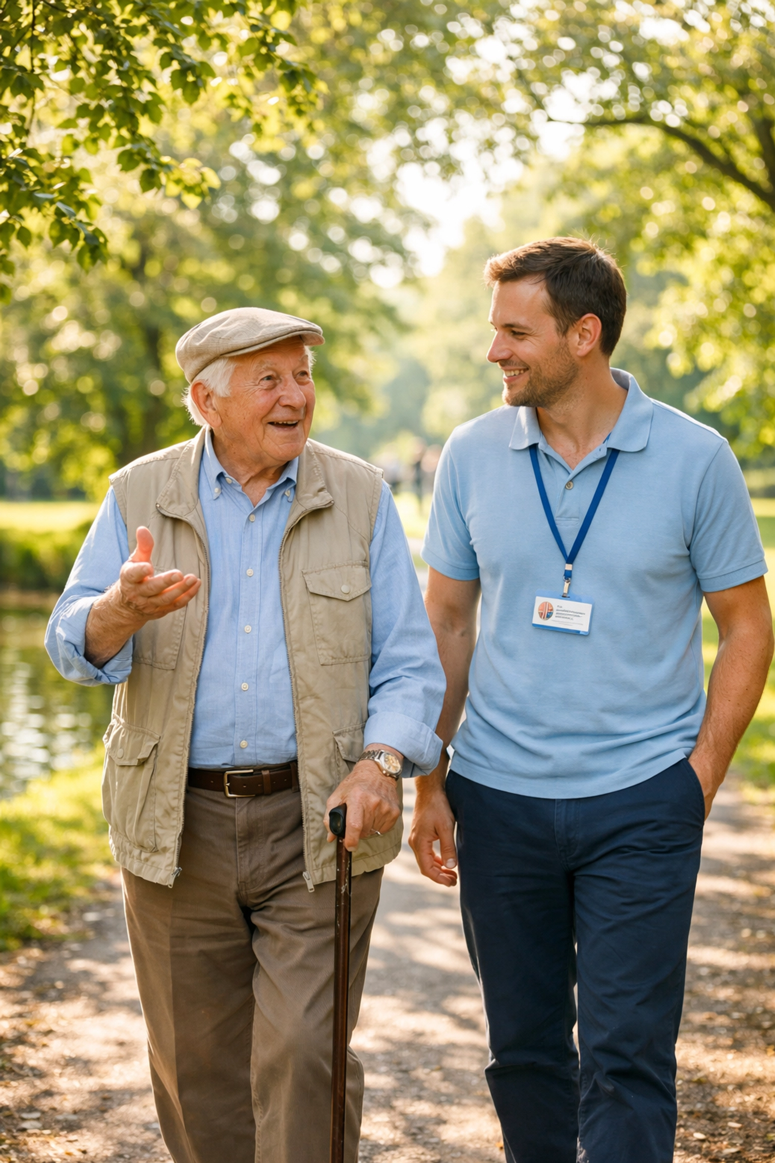 Professional male carer and elderly man walking in a Southampton park, showing strong continuity of care.