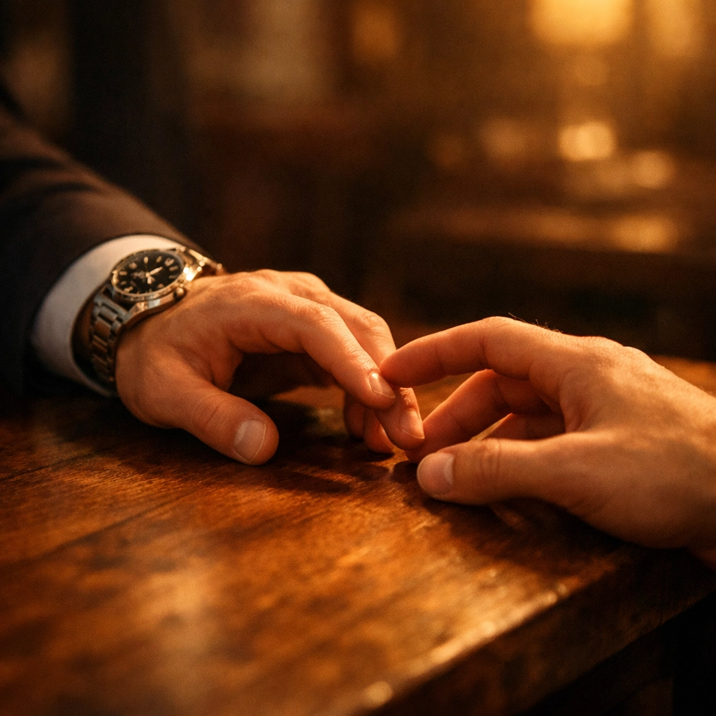 Close-up of two men reaching for hands across a table, symbolizing high stakes in LGBTQ+ fiction.