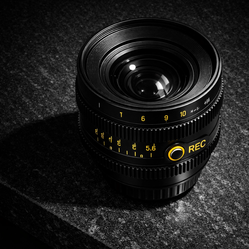 Professional cinema camera lens on a dark surface representing high brand status in Western Australia.