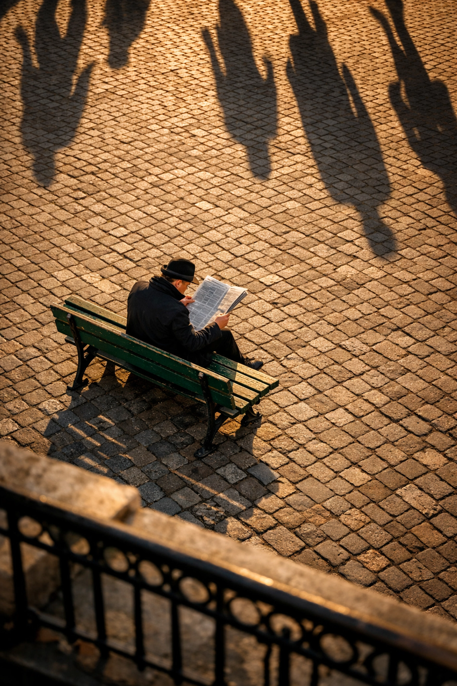 Man reading newspaper on a city bench, an example of creative street photography ideas in a plaza.