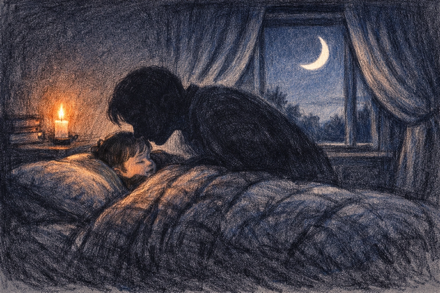 A parent kissing a child goodnight by a moonlit window, showing God's protection during evening prayer.