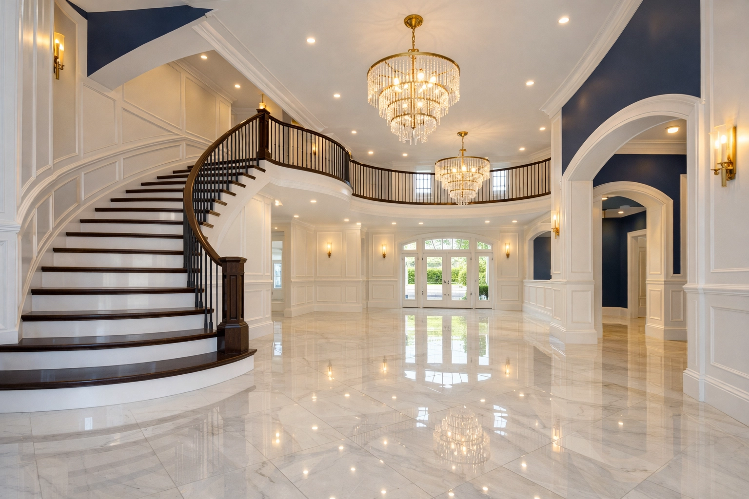 Pristine Sherborn estate foyer with polished marble floors after a professional move-in cleaning service.
