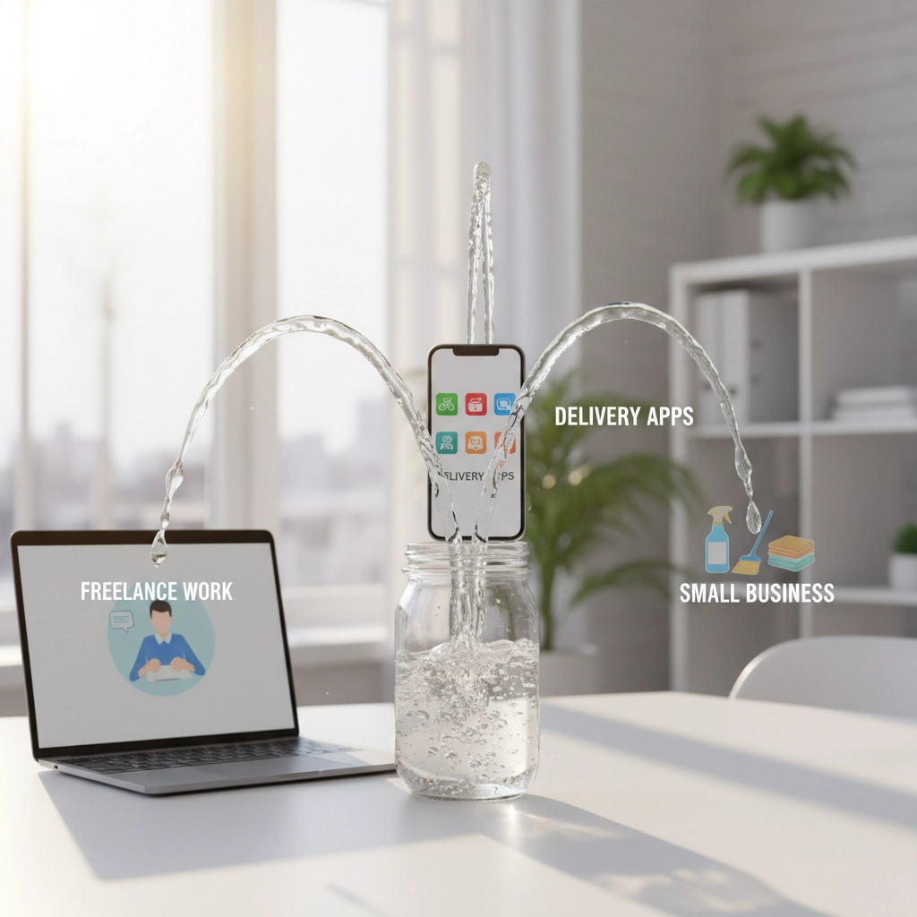 Phone in jar with water streams labeled "Freelance Work," "Delivery Apps," "Small Business"; laptop nearby in bright room.